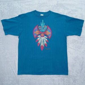 Vintage 90s Flagstaff Graphic T-Shirt Mens XL Aztec Feathers HL Miller Cotton T